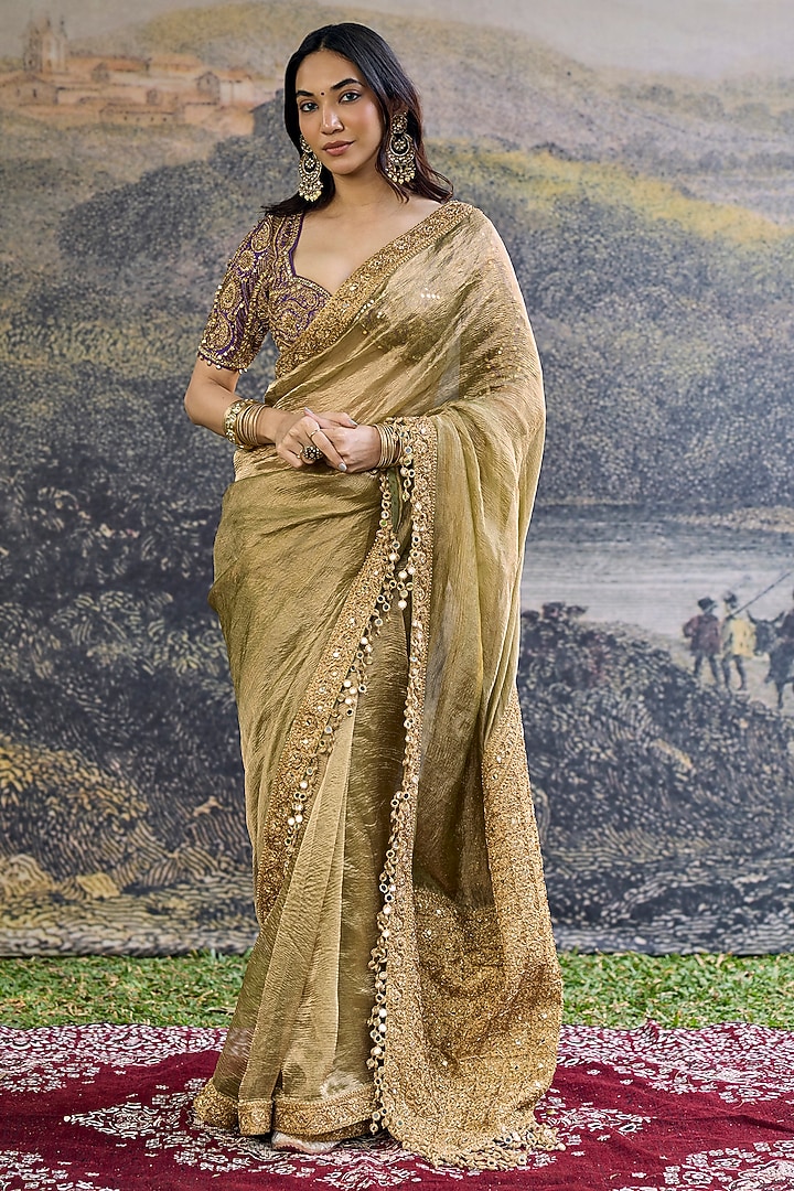 Olive Tissue Hand Embroidered Bridal Saree Set by ITRH at Pernia's Pop Up Shop