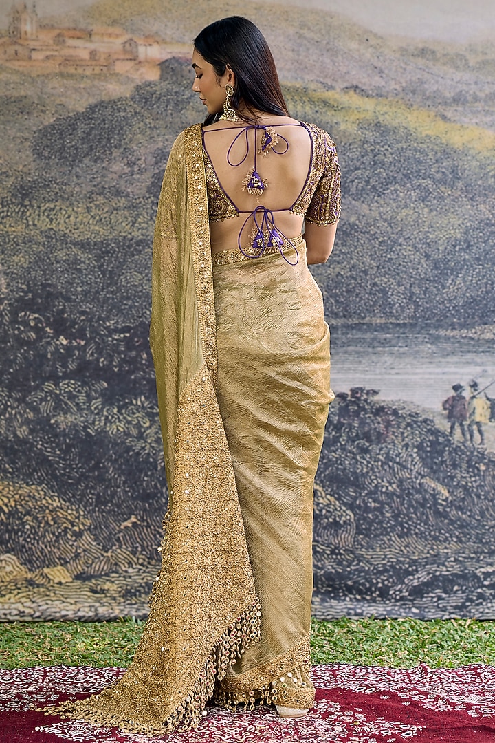 Olive Tissue Hand Embroidered Bridal Saree Set by ITRH at Pernia's Pop Up Shop