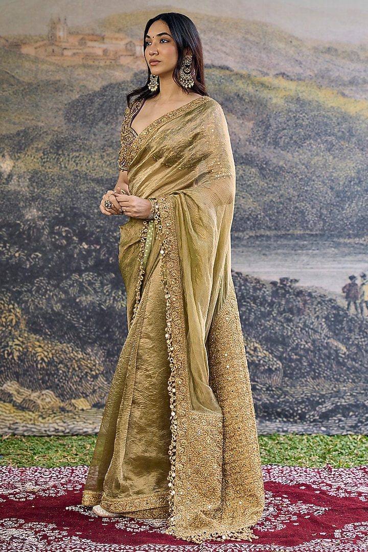 Olive Tissue Hand Embroidered Bridal Saree Set by ITRH at Pernia's Pop Up Shop