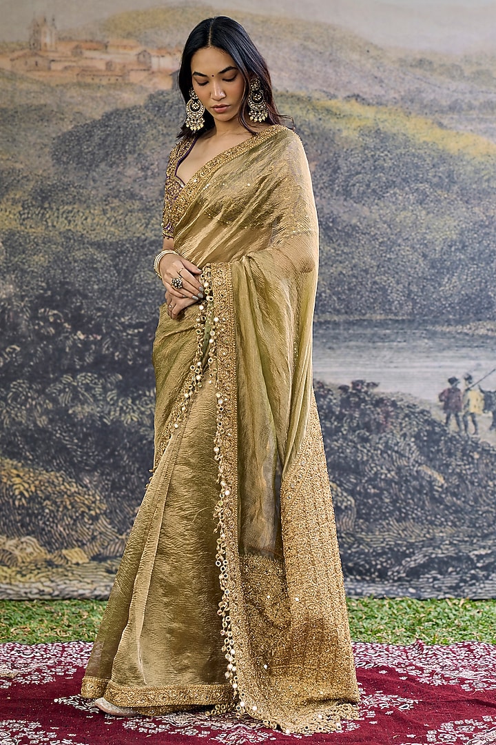 Olive Tissue Hand Embroidered Bridal Saree Set by ITRH at Pernia's Pop Up Shop