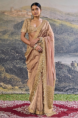 Brown Tissue Hand Embroidered Saree Set by ITRH
