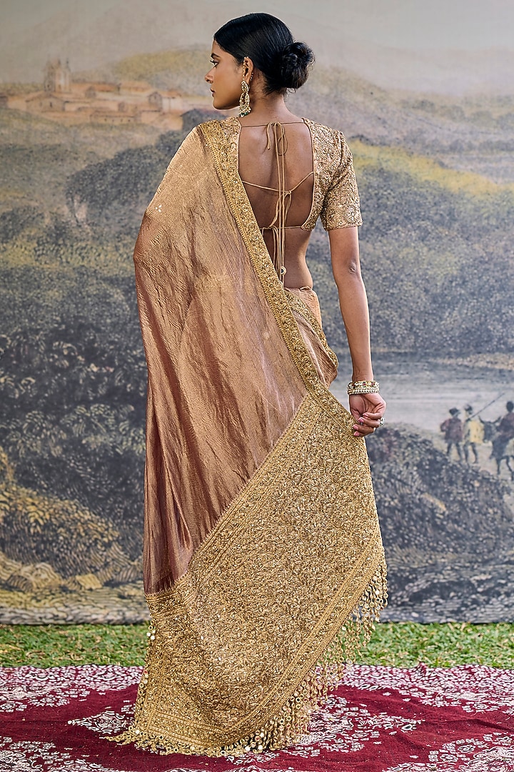 Brown Tissue Hand Embroidered Bridal Saree Set by ITRH at Pernia's Pop Up Shop