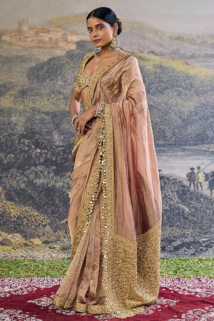 Brown Tissue Hand Embroidered Bridal Saree Set by ITRH at Pernia's Pop Up Shop