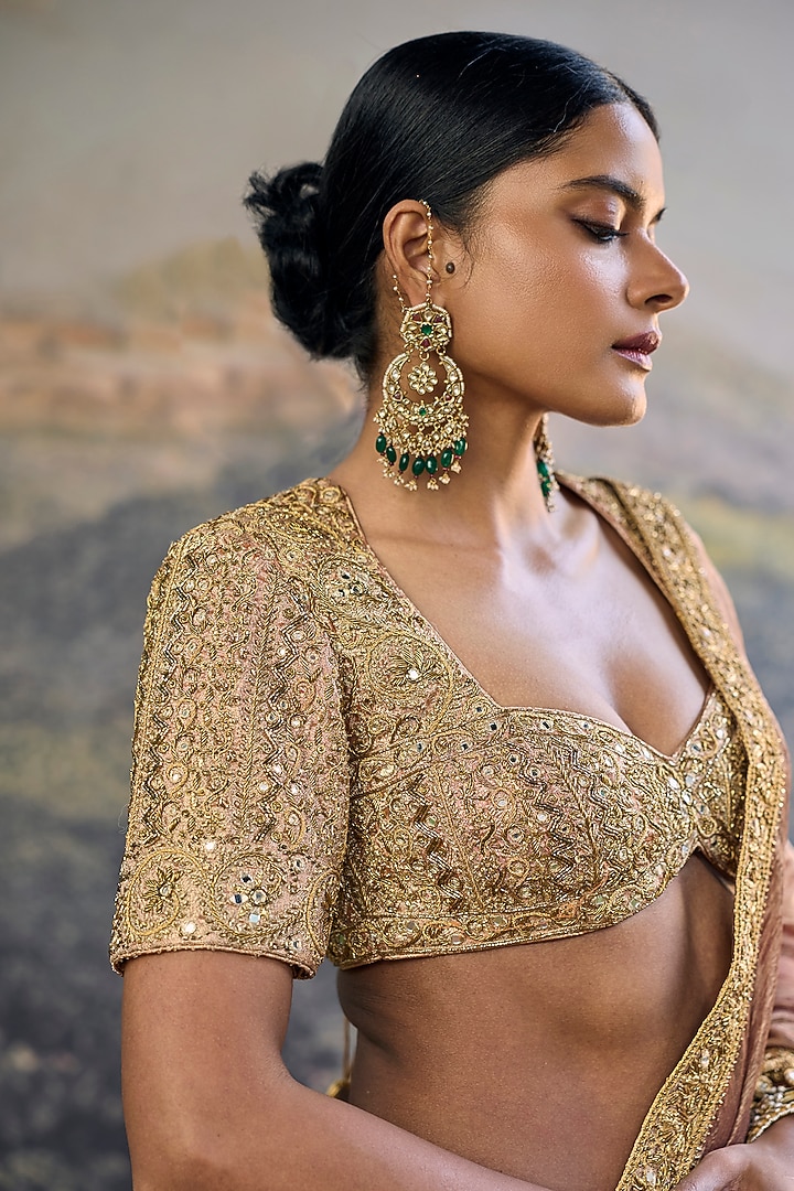 Brown Tissue Hand Embroidered Bridal Saree Set by ITRH at Pernia's Pop Up Shop