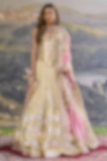 Gold Chevron Tissue Mirror Hand Embroidered Bridal Lehenga Set by ITRH at Pernia's Pop Up Shop