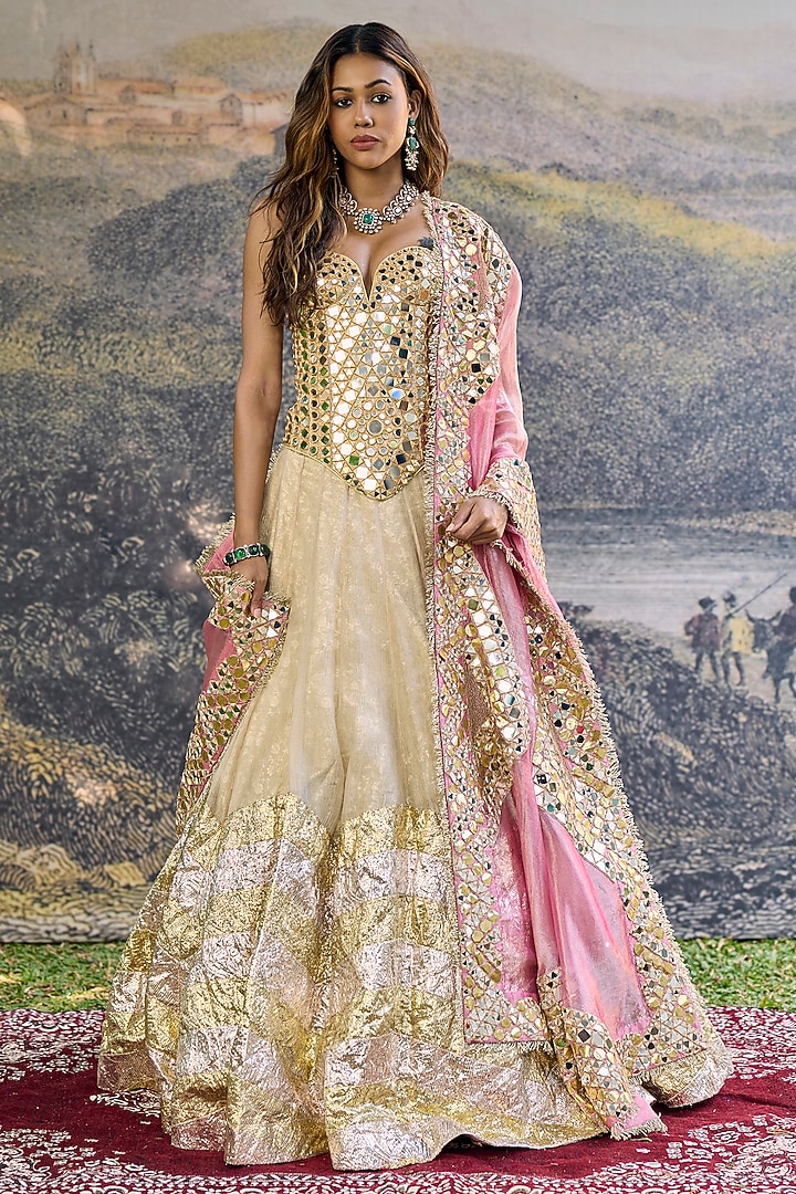 Gold Chevron Tissue Mirror Hand Embroidered Bridal Lehenga Set by ITRH at Pernia's Pop Up Shop
