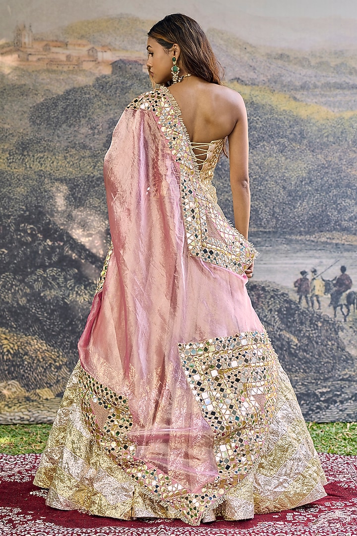Gold Chevron Tissue Mirror Hand Embroidered Bridal Lehenga Set by ITRH at Pernia's Pop Up Shop