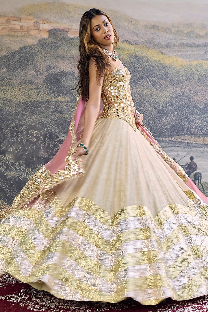 Gold Chevron Tissue Mirror Hand Embroidered Bridal Lehenga Set by ITRH at Pernia's Pop Up Shop
