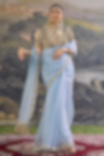 Powder Blue Organza Silk Jadau Embroidered Bridal Saree Set by ITRH at Pernia's Pop Up Shop