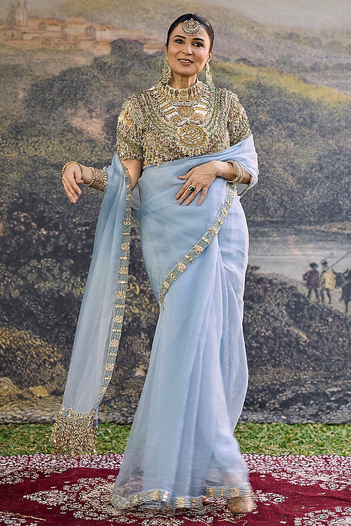 Powder Blue Organza Silk Jadau Embroidered Bridal Saree Set by ITRH at Pernia's Pop Up Shop
