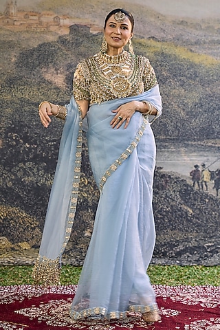 Powder Blue Organza Silk Jadau Embroidered Saree Set by ITRH