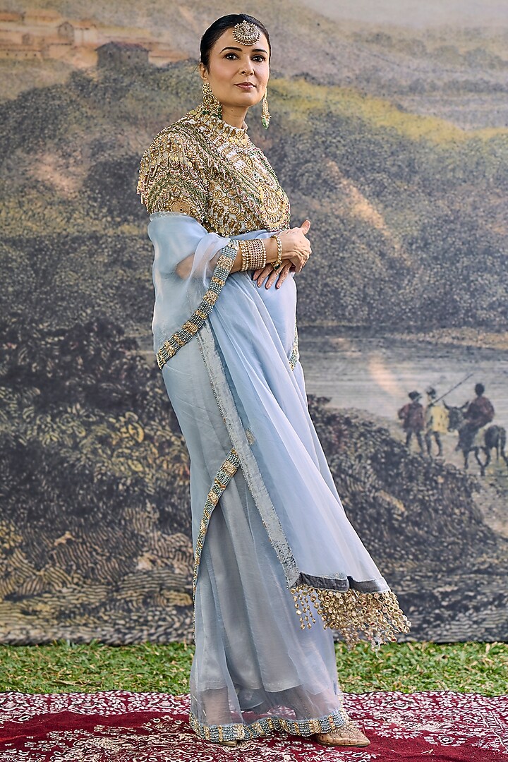 Powder Blue Organza Silk Jadau Embroidered Bridal Saree Set by ITRH at Pernia's Pop Up Shop