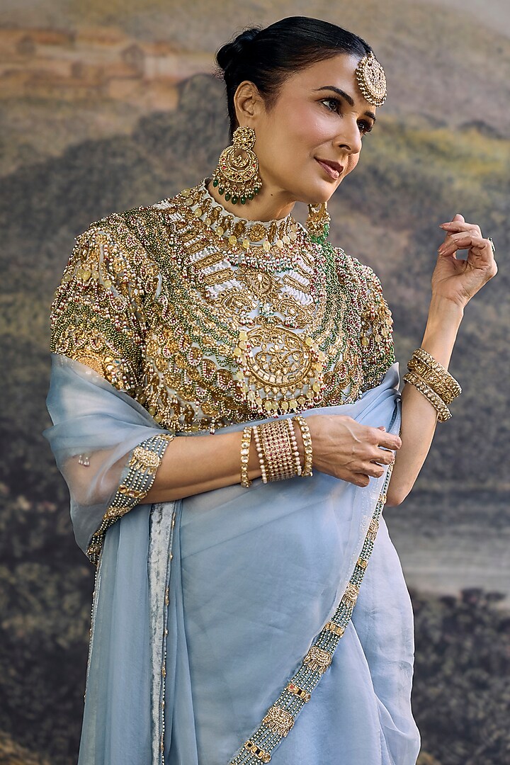Powder Blue Organza Silk Jadau Embroidered Bridal Saree Set by ITRH at Pernia's Pop Up Shop