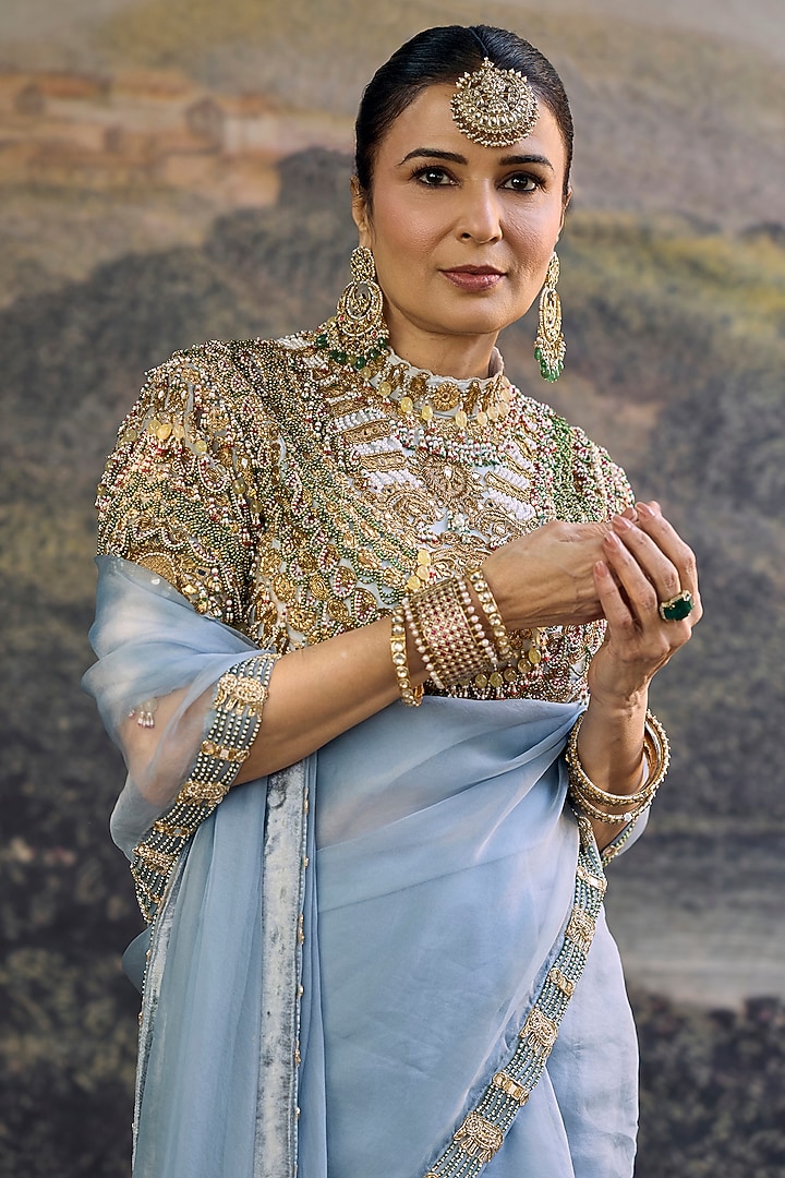 Powder Blue Organza Silk Jadau Embroidered Bridal Saree Set by ITRH at Pernia's Pop Up Shop