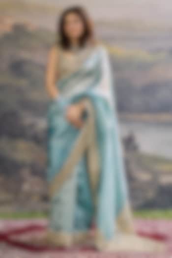 Turquoise Tissue Hand Embroidered Bridal Saree Set by ITRH at Pernia's Pop Up Shop