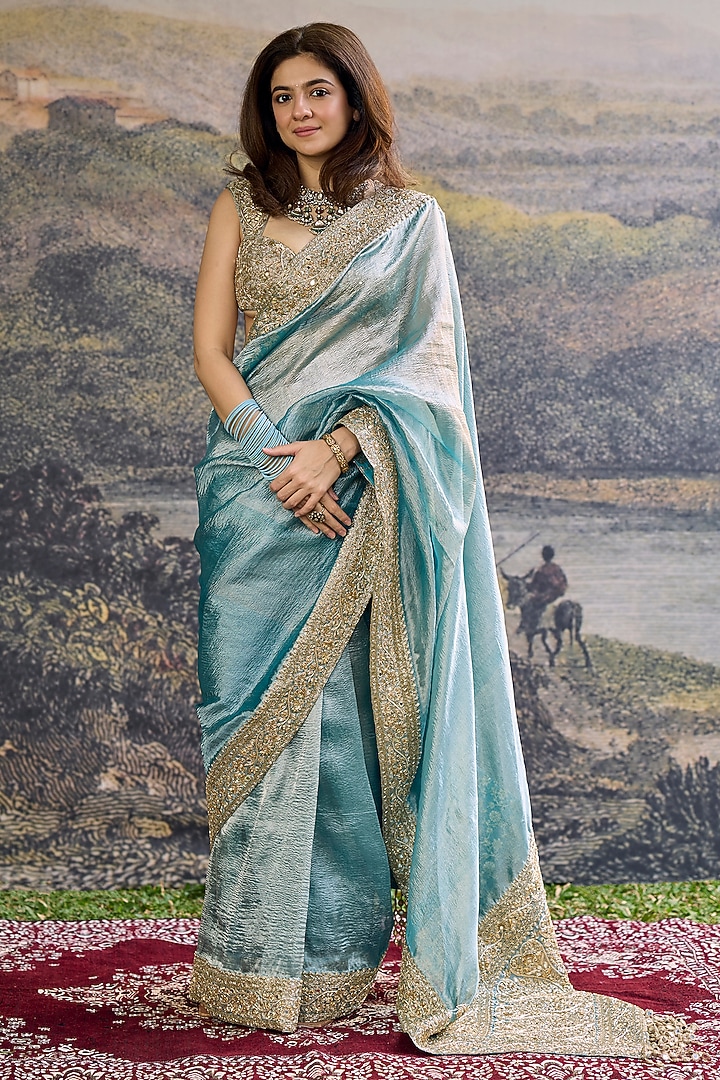 Turquoise Tissue Hand Embroidered Bridal Saree Set by ITRH at Pernia's Pop Up Shop