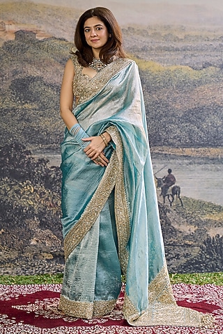 Turquoise Tissue Hand Embroidered Saree Set by ITRH