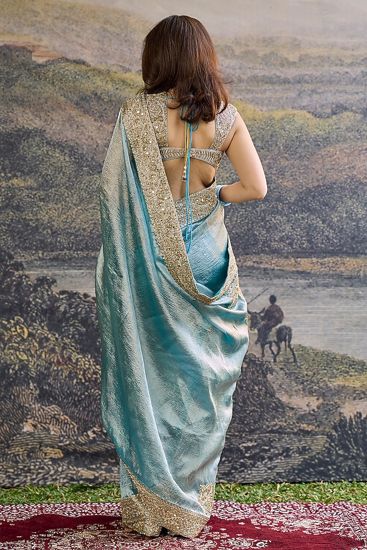 Turquoise Tissue Hand Embroidered Bridal Saree Set by ITRH at Pernia's Pop Up Shop
