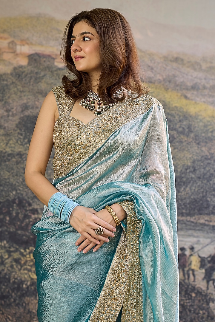 Turquoise Tissue Hand Embroidered Bridal Saree Set by ITRH at Pernia's Pop Up Shop
