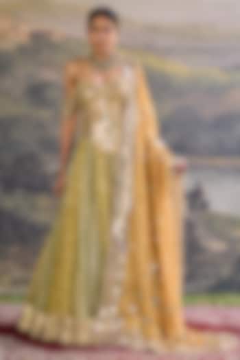 Yellow & Green Tissue Paneled Bridal Lehenga Set by ITRH at Pernia's Pop Up Shop