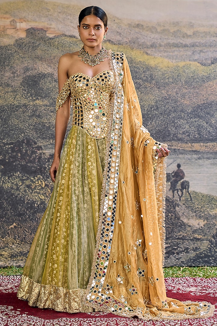 Yellow & Green Tissue Paneled Bridal Lehenga Set by ITRH at Pernia's Pop Up Shop