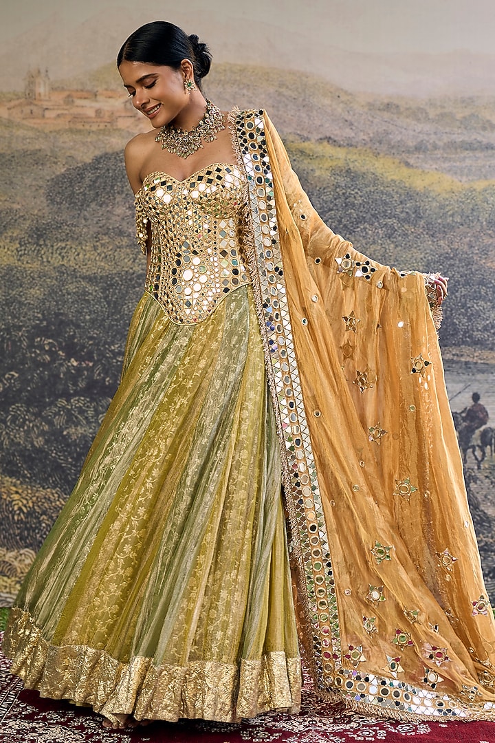 Yellow & Green Tissue Paneled Bridal Lehenga Set by ITRH at Pernia's Pop Up Shop