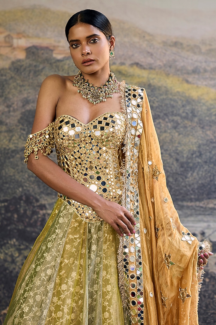 Yellow & Green Tissue Paneled Bridal Lehenga Set by ITRH at Pernia's Pop Up Shop