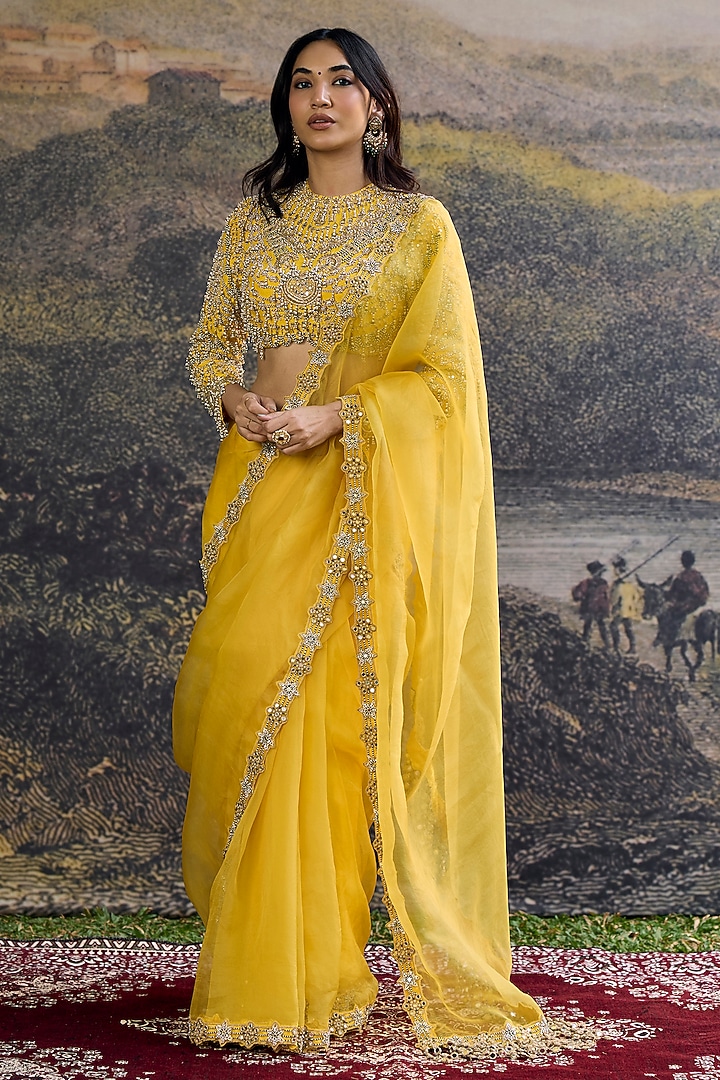 Yellow Raw Silk Embroidered Bridal Saree Set by ITRH at Pernia's Pop Up Shop