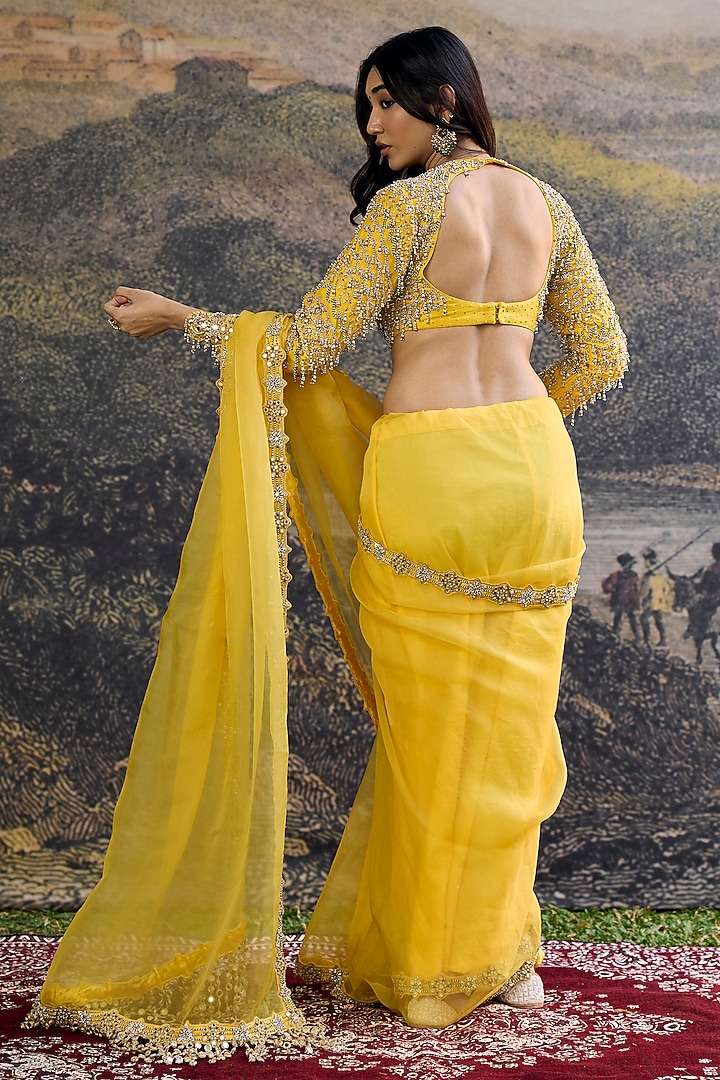 Yellow Raw Silk Embroidered Bridal Saree Set by ITRH at Pernia's Pop Up Shop