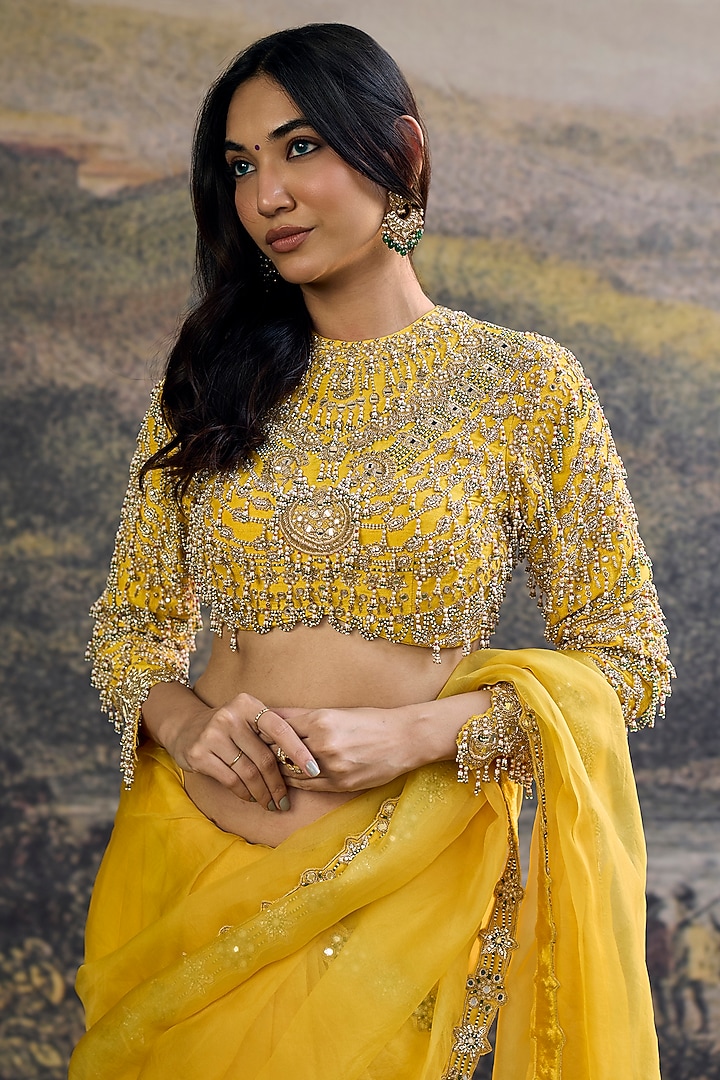Yellow Raw Silk Embroidered Bridal Saree Set by ITRH at Pernia's Pop Up Shop