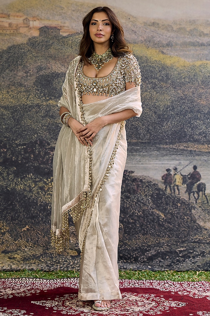 Silver Tissue Pre-Draped Bridal Saree Set by ITRH at Pernia's Pop Up Shop