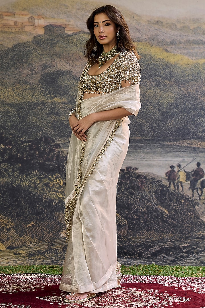 Silver Tissue Pre-Draped Bridal Saree Set by ITRH at Pernia's Pop Up Shop
