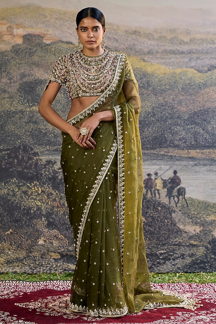 Olive Organza Embroidered Bridal Saree Set by ITRH at Pernia's Pop Up Shop