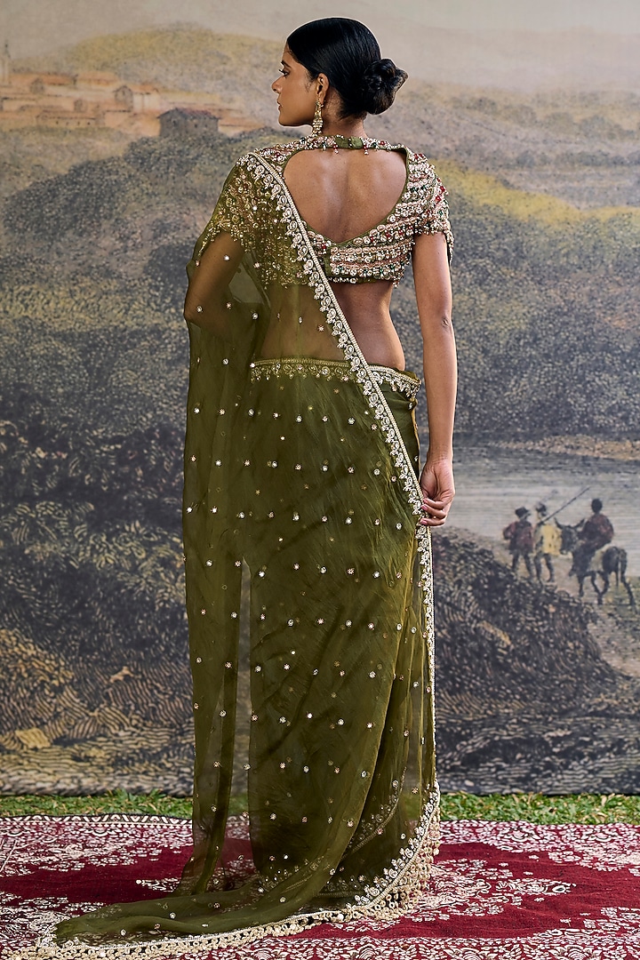 Olive Organza Embroidered Bridal Saree Set by ITRH at Pernia's Pop Up Shop