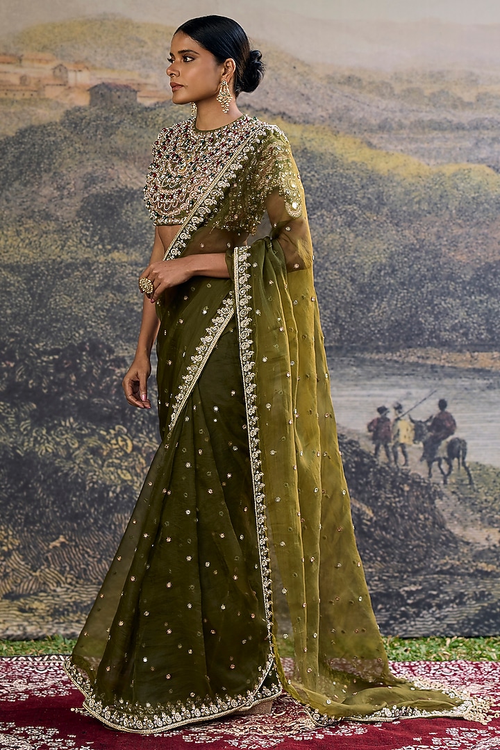 Olive Organza Embroidered Bridal Saree Set by ITRH at Pernia's Pop Up Shop