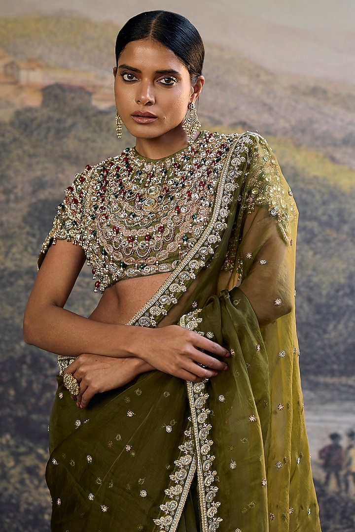 Olive Organza Embroidered Bridal Saree Set by ITRH at Pernia's Pop Up Shop