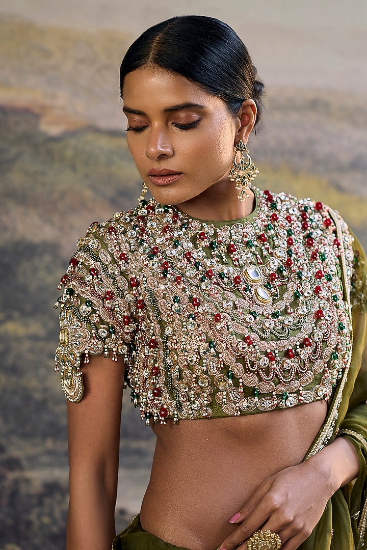 Olive Organza Embroidered Bridal Saree Set by ITRH at Pernia's Pop Up Shop
