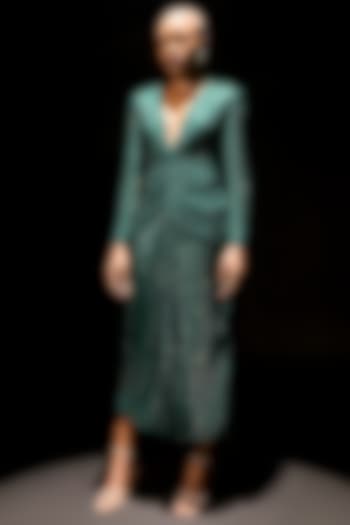 Emerald Green Net Draped Midi Party Wear Dress by ITRH at Pernia's Pop Up Shop