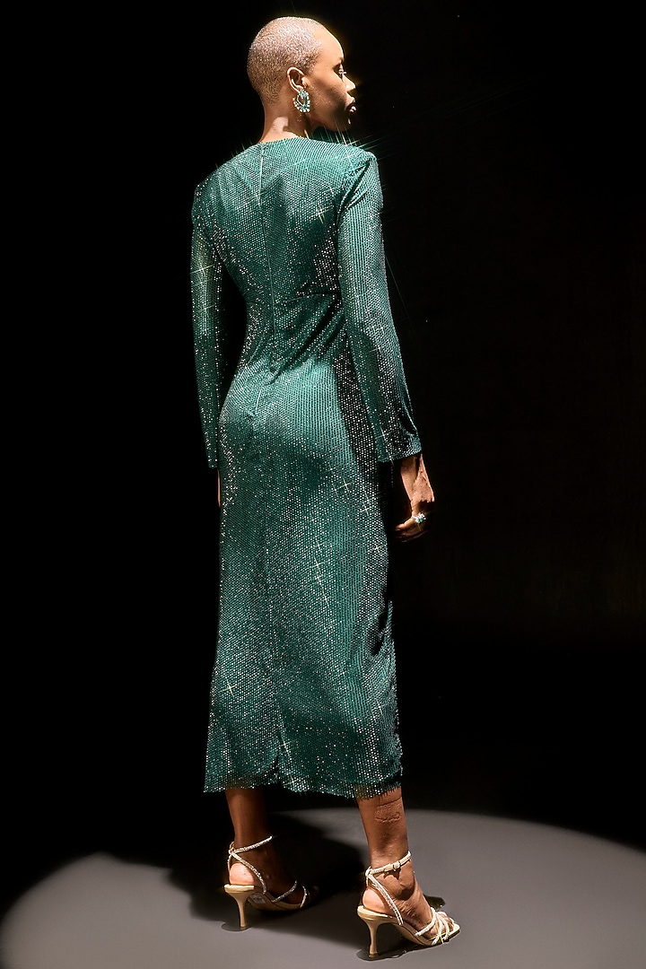 Emerald Green Net Draped Midi Party Wear Dress by ITRH at Pernia's Pop Up Shop