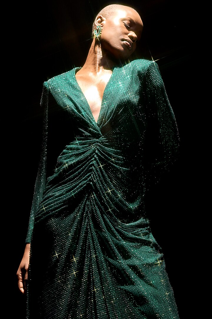 Emerald Green Net Draped Midi Party Wear Dress by ITRH at Pernia's Pop Up Shop