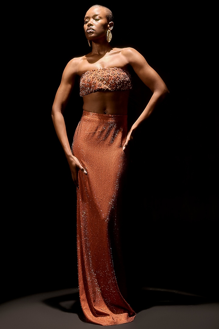 Rust Crepe Motifs Embroidered Skirt Set by ITRH at Pernia's Pop Up Shop