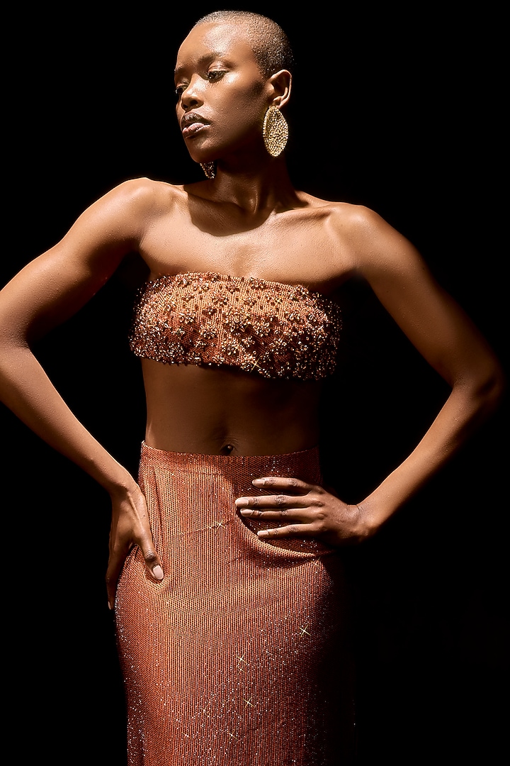 Rust Crepe Motifs Embroidered Skirt Set by ITRH at Pernia's Pop Up Shop