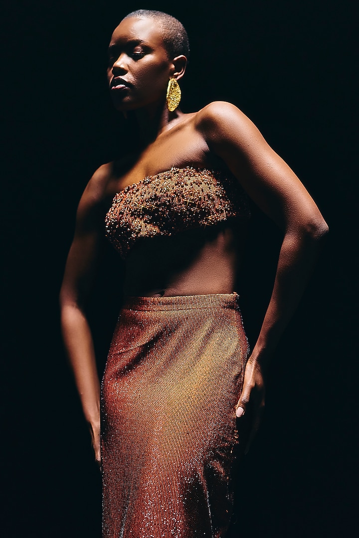 Rust Crepe Motifs Embroidered Skirt Set by ITRH at Pernia's Pop Up Shop