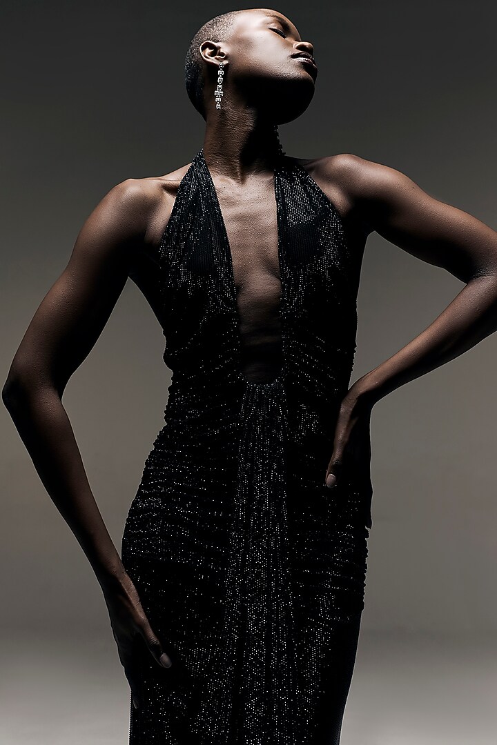 Black Stretch Net Fishtail Ruched Wedding Gown by ITRH at Pernia's Pop Up Shop