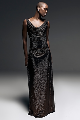 Black Net Cowl Draped Gown by ITRH