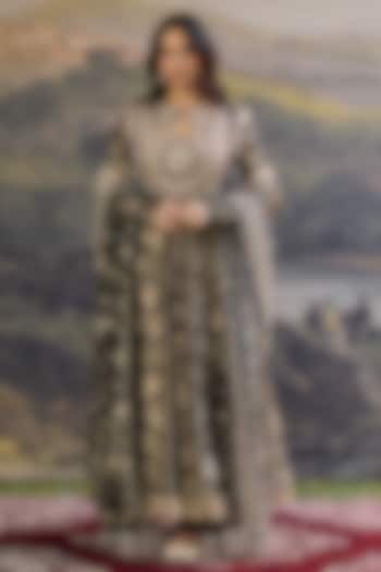 Black Brocade Embellished Angrakha Bridal Anarkali Set by ITRH at Pernia's Pop Up Shop
