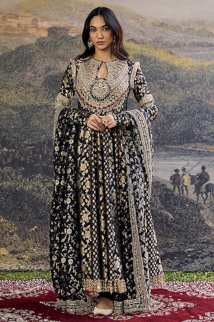 Black Brocade Embellished Angrakha Bridal Anarkali Set by ITRH at Pernia's Pop Up Shop