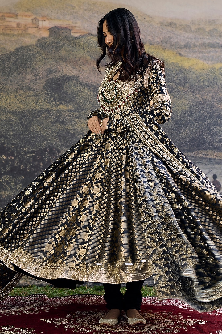Black Brocade Embellished Angrakha Bridal Anarkali Set by ITRH at Pernia's Pop Up Shop