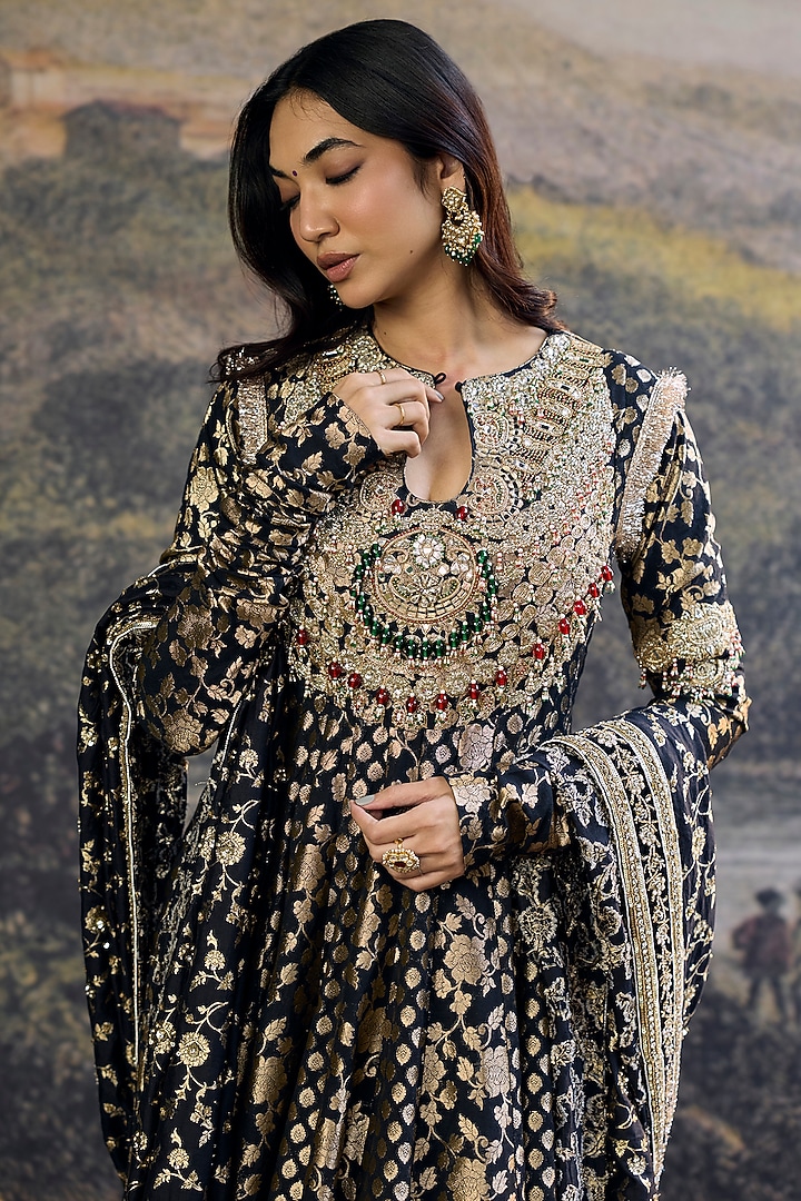 Black Brocade Embellished Angrakha Bridal Anarkali Set by ITRH at Pernia's Pop Up Shop
