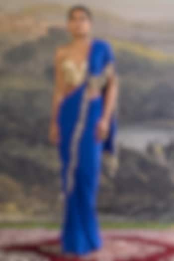 Electric Blue Georgette Pre-Draped Reception Saree Set by ITRH at Pernia's Pop Up Shop